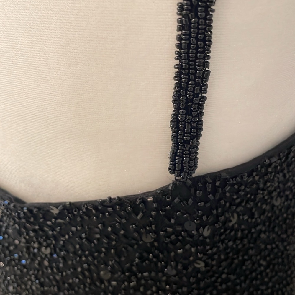 White House Black Market Black Beaded 100% Silk Asymmetrical Cocktail Dress - Picture 7 of 11